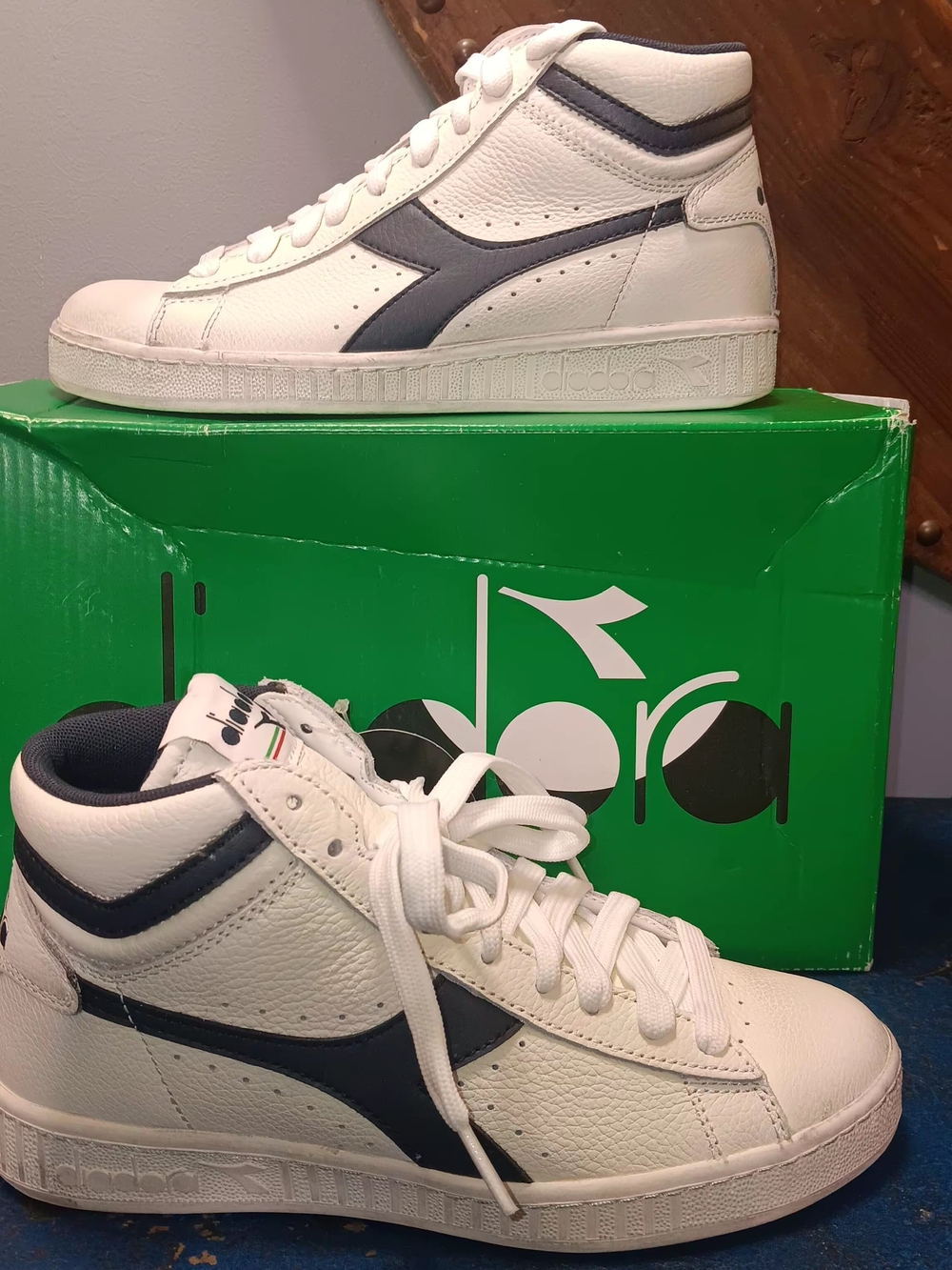 Diadora High-Top Sneakers in White and Navy Blue